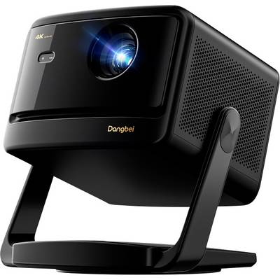 Een slanke, zwarte 4K-projector op een standaard, die een blauwe lichtstraal uitzendt.