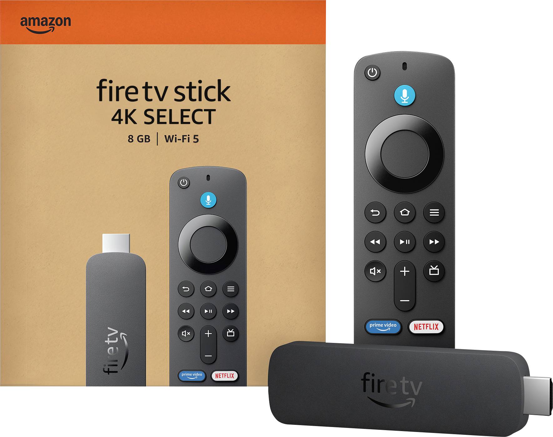 'Amazon Fire TV Stick 4K Select'-pakket met afstandsbediening en stick weergegeven. Functies zijn onder meer Alexa-spraakaansturing, 8 GB opslagruimte, Wi-Fi 5.