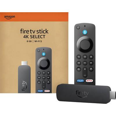'Amazon Fire TV Stick 4K Select'-pakket met afstandsbediening en stick weergegeven. Functies zijn onder meer Alexa-spraakaansturing, 8 GB opslagruimte, Wi-Fi 5.