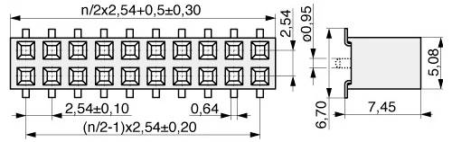 'Technische tekening van een 20-pins headerconnector: dimensies omvatten een pinafstand van 2,54 mm, totale lengte 25,4 mm en hoogte 5,08 mm.'