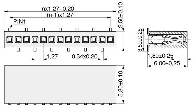 'Connector-indeling met afmetingen: 2.50±0.10, 1.27 afstand, 5.80±0.10 lengte, 3.50±0.25 breedte en 6.00±0.25 diepte. PIN1 gemarkeerd.'
