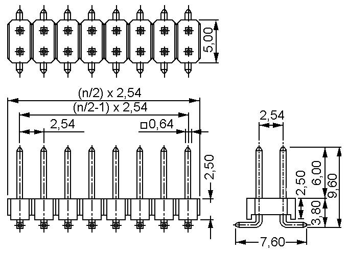 'Technische tekening van een pinkoppelaar. Afmetingen omvatten een pinafstand van 2,54 mm, een hoogte van 6,00 mm en een breedte van 7,60 mm.'