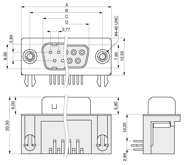 Technische tekening van een connector: bovenaanzicht, vooraanzicht en zijanzicht met afmetingen in mm. Inclusief pinindeling en afmetingen voor installatie.