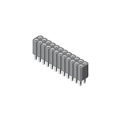 '3D-illustratie van een 16-pins vrouwelijke headerconnector, zijaanzicht met weergave van de uitlijning van pinnen voor elektronische schakelingentoepassingen.'