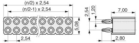 'Technisch diagram van een 10-pins connector. Vooraanzicht toont 5,08 mm afstand; zijaanzicht toont 2,54 mm pinafstand en 7,00 mm breedte.'