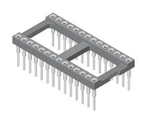 Een grijze rechthoekige elektronische aansluiting met meerdere verticale pennen voor het aansluiten van componenten.