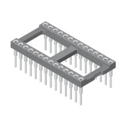 Een grijze rechthoekige elektronische aansluiting met meerdere verticale pennen voor het aansluiten van componenten.