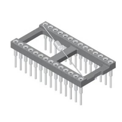 Een 3D-model van een IC-voet met meerdere pinnen gerangschikt in twee rijen, met een enkele diode diagonaal geplaatst over de centrale ruimte.