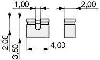 'Technische tekening van twee componenten met afmetingen. Links: breedte 4,00, hoogte 3,50, uitstekend deel 1,00 breed. Rechts: zelfstandig 2,00 hoogte, 2,00 breed.'