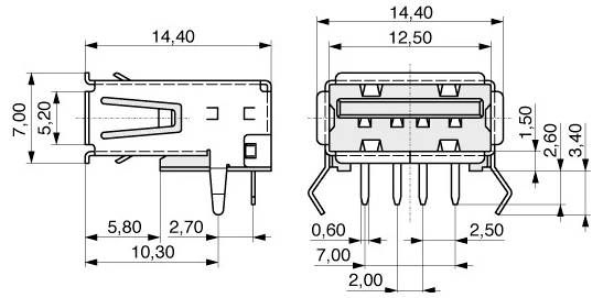 Technische tekening van een 7-pins USB-aansluiting met gedetailleerde afmetingen in millimeters, weergegeven in zij- en vooraanzicht.