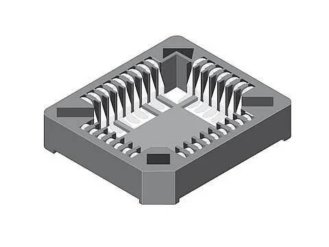 Illustratie van een vierkante elektronische componentvoet met meerdere pinsleuven rond de randen, gebruikt voor het beveiligen van chipverbindingen.