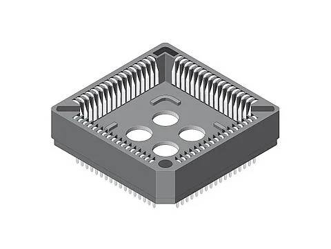 Een vierkante geïntegreerde schakeling met meerdere pinnen aan elke zijde, gebruikt voor montage op printplaten, weergegeven in een 3D-perspectief.
