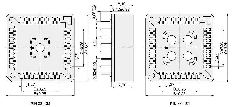 'Diagram van twee elektronische chip-indelingen met afmetingen en pinnconfiguraties. Links: Pin 28-32, Rechts: Pin 44-84. Afmetingen in mm.'