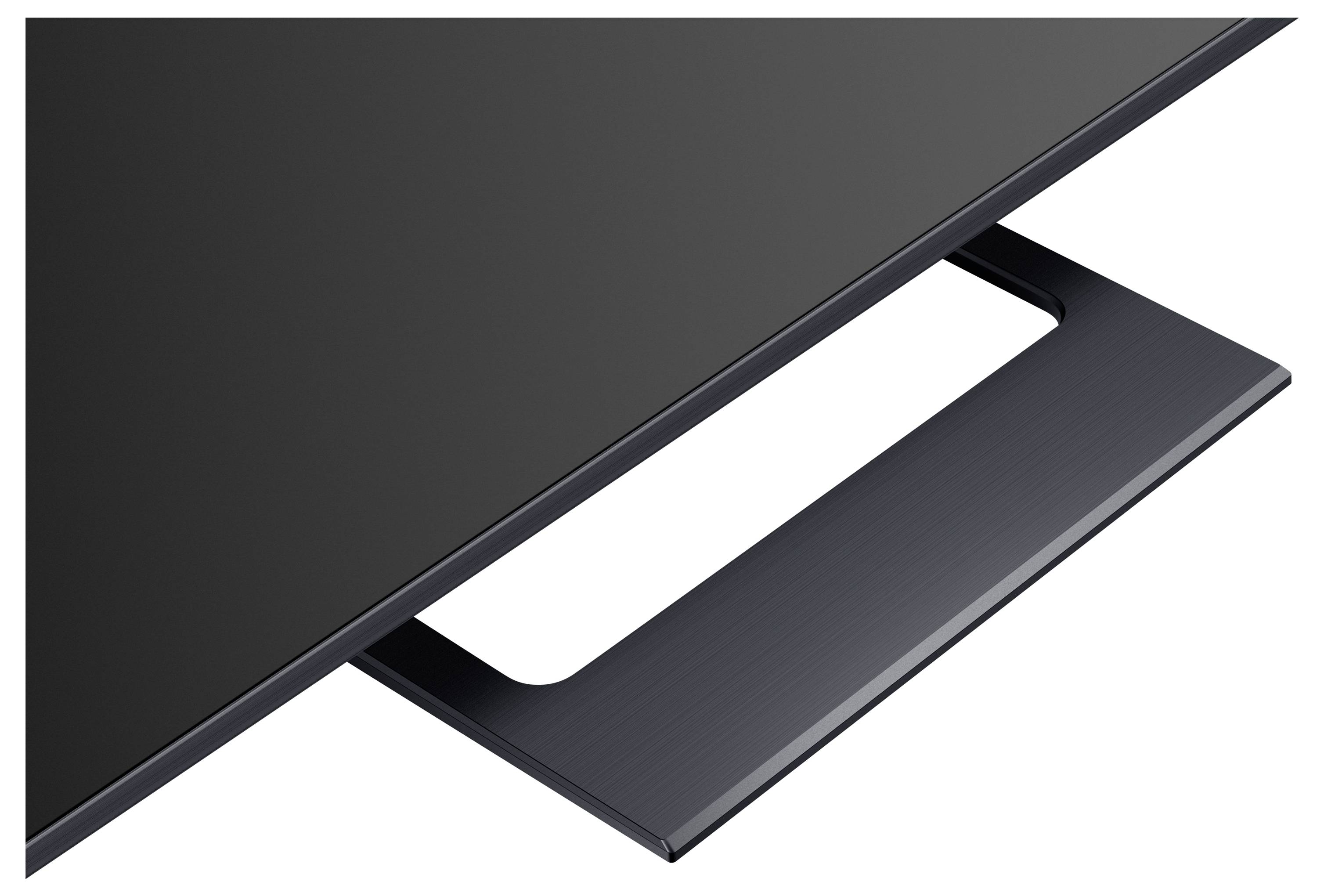 Een slanke, moderne TV-hoek met een dun zwart frame en een rechthoekige standaard, gezien vanuit een bovenaanzicht, die minimalistische vormgeving toont.