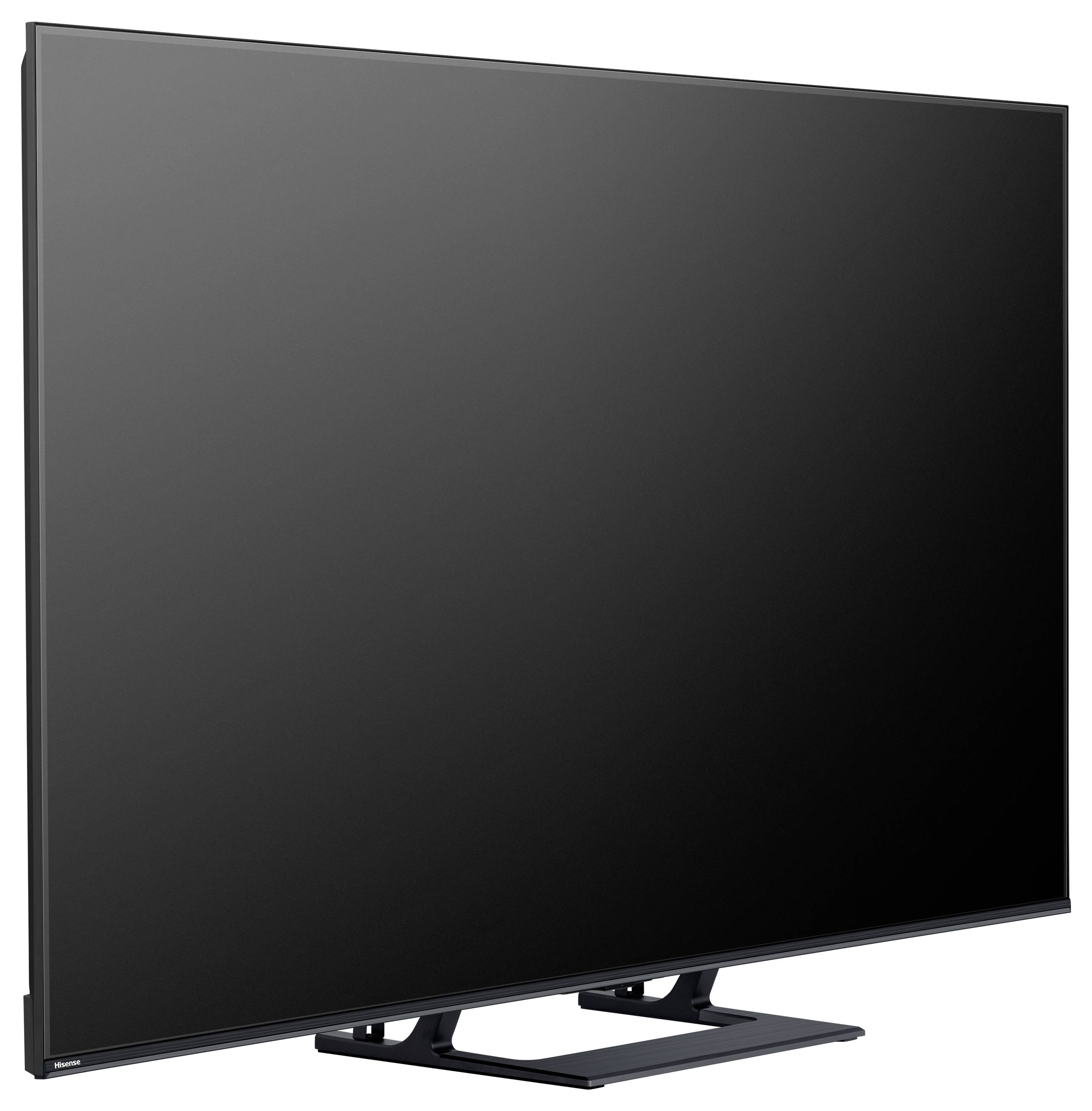 Een flatscreen-televisie met een stijlvol, modern ontwerp en een zwart frame, gepositioneerd op een standaard.