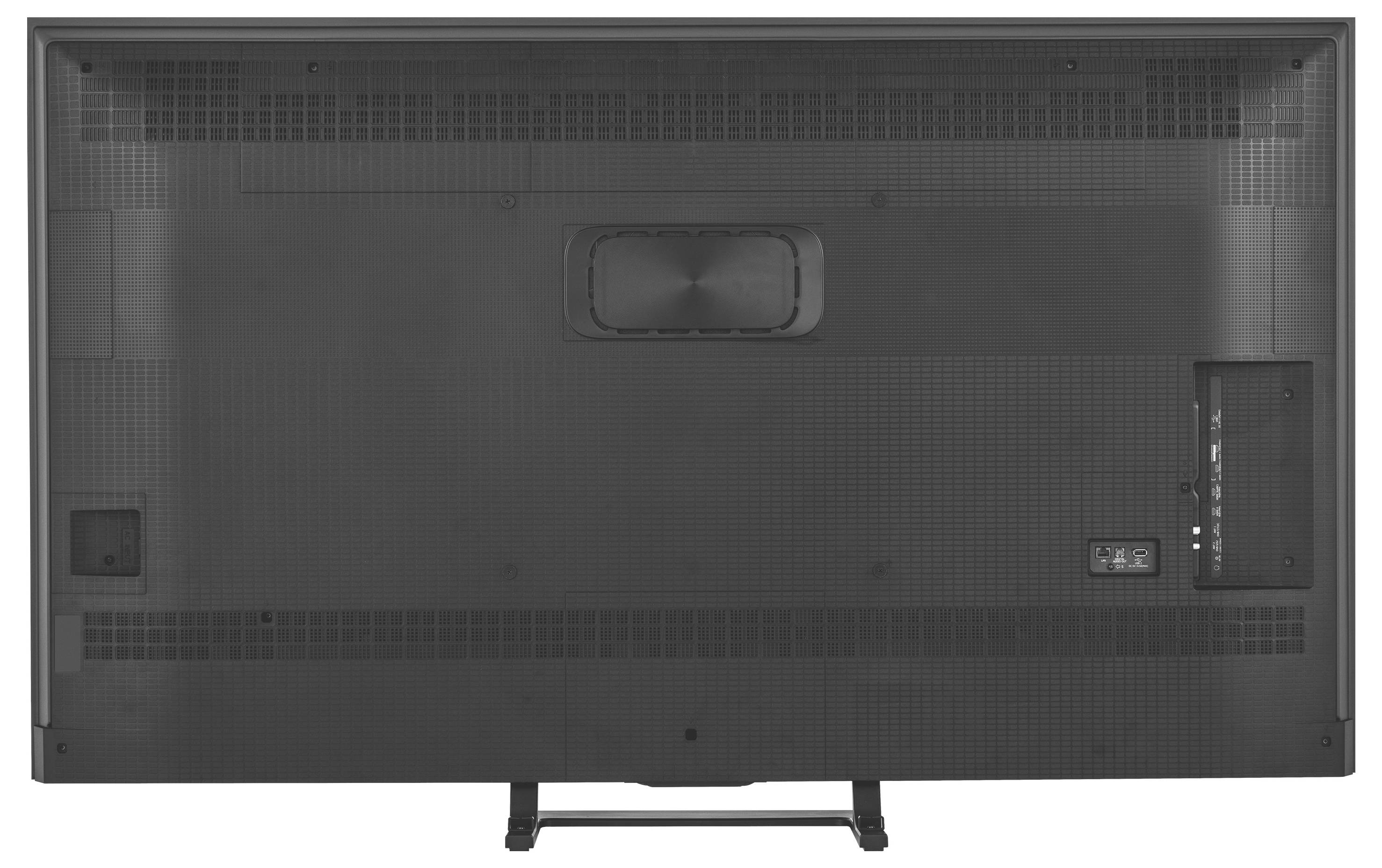 De afbeelding toont de achterkant van een flatscreen-televisie, met nadruk op poorten en connectiviteitsopties.