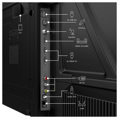Achterkant van een tv met poorten: 2x USB 2.0, antenne, satelliet, HDMI 2.1/eARC, 2x HDMI 2.1, AV IN, audio uit, LAN en CI+