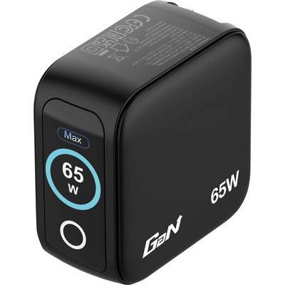 Een zwarte GaN-oplader met '65W' in wit gelabeld, met een circulaire stroomindicator en 'Max' boven de wattage.