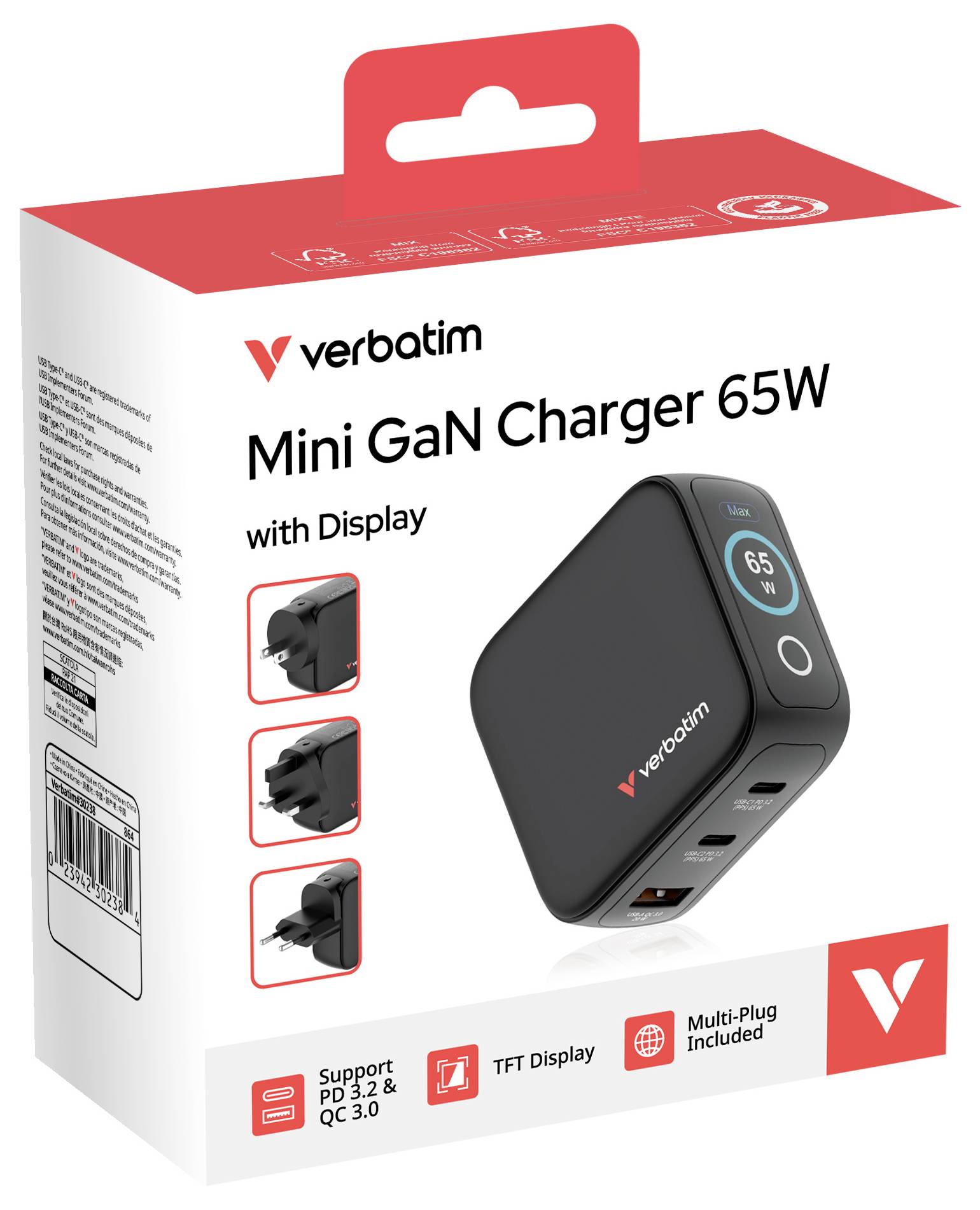 Verbatim Mini GaN-oplader 65W verpakking; toont productafbeelding, functies: display, meerdere stekkertypen, 65W vermogen; ondersteuning voor PD 3.0, QC 3.0.