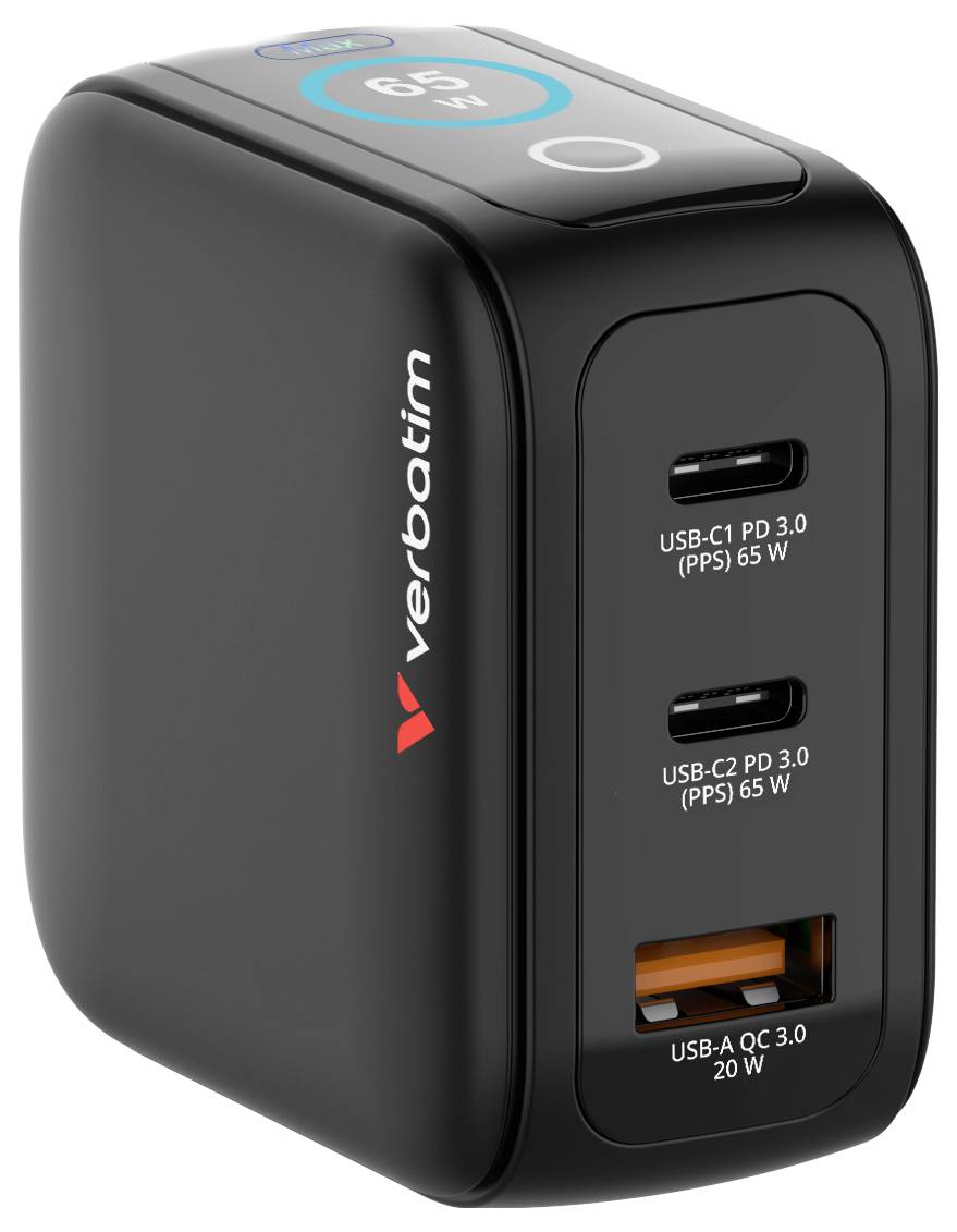 Een zwarte Verbatim-oplader met twee USB-C PD 3.0-poorten, elk 65W, en één USB-A QC 3.0-poort, 20W.
