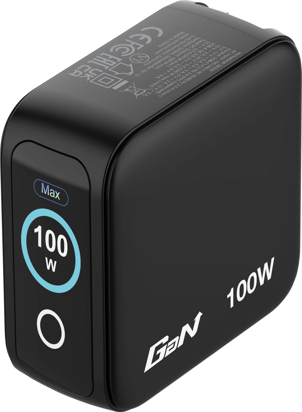 Een zwarte GaN-oplader met '100W', 'Max' en een ronde indicator aan de zijkant, ontworpen voor snelladen van elektronische apparaten.