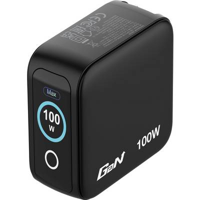 Een zwarte GaN-oplader met '100W', 'Max' en een ronde indicator aan de zijkant, ontworpen voor snelladen van elektronische apparaten.