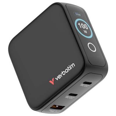Een zwarte Verbatim stroomadapter met meerdere USB-poorten, met '100W Max' op de zijkant weergegeven.