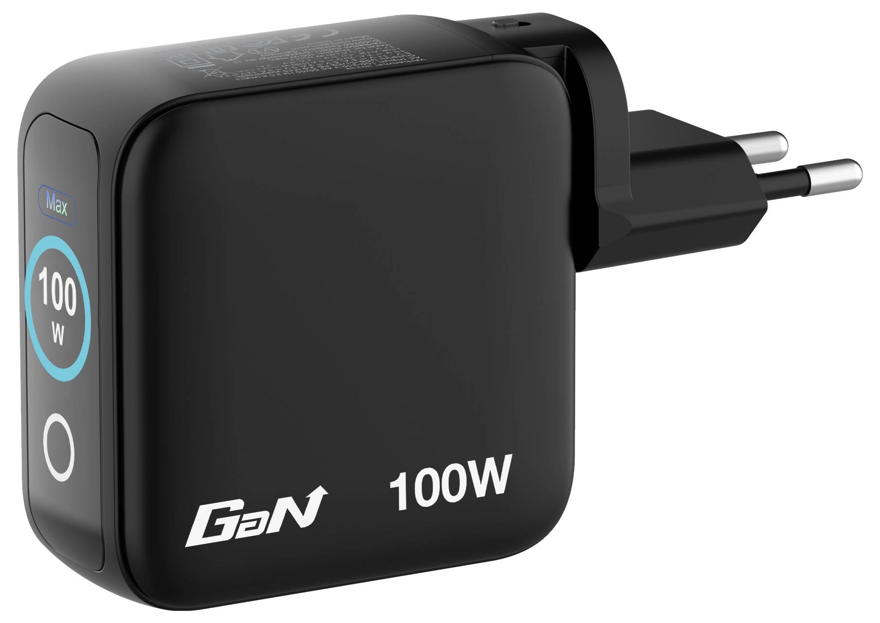 Een zwarte 100W GaN-lader met stekker, met een circulair display dat 'Max 100W' aangeeft.