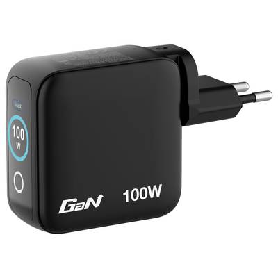 Een zwarte 100W GaN-lader met stekker, met een circulair display dat 'Max 100W' aangeeft.