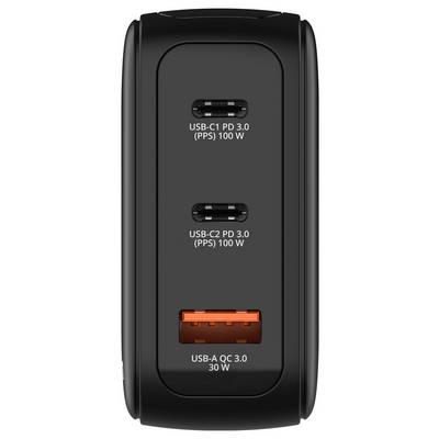 Een zwarte multi-poort oplader met twee USB-C-poorten gelabeld 'USB-C1 PD 3.0 (PPS) 100W' en 'USB-C2 PD 3.0 (PPS) 100W', en één USB-A-poort gelabeld 'USB-A QC 3.0 30W'.