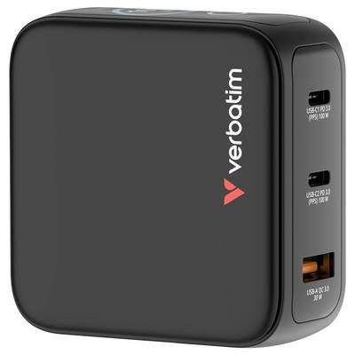 Een zwarte Verbatim USB-wandlader met drie poorten: twee USB-C (100W) en één USB-A (30W), met het Verbatim-logo aan de zijkant.