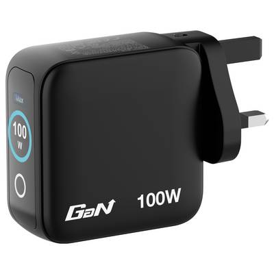 Een zwarte 100W GaN-lader met UK-stekker, voorzien van een ronde blauwe lichtindicator met het label '100 W Max'.
