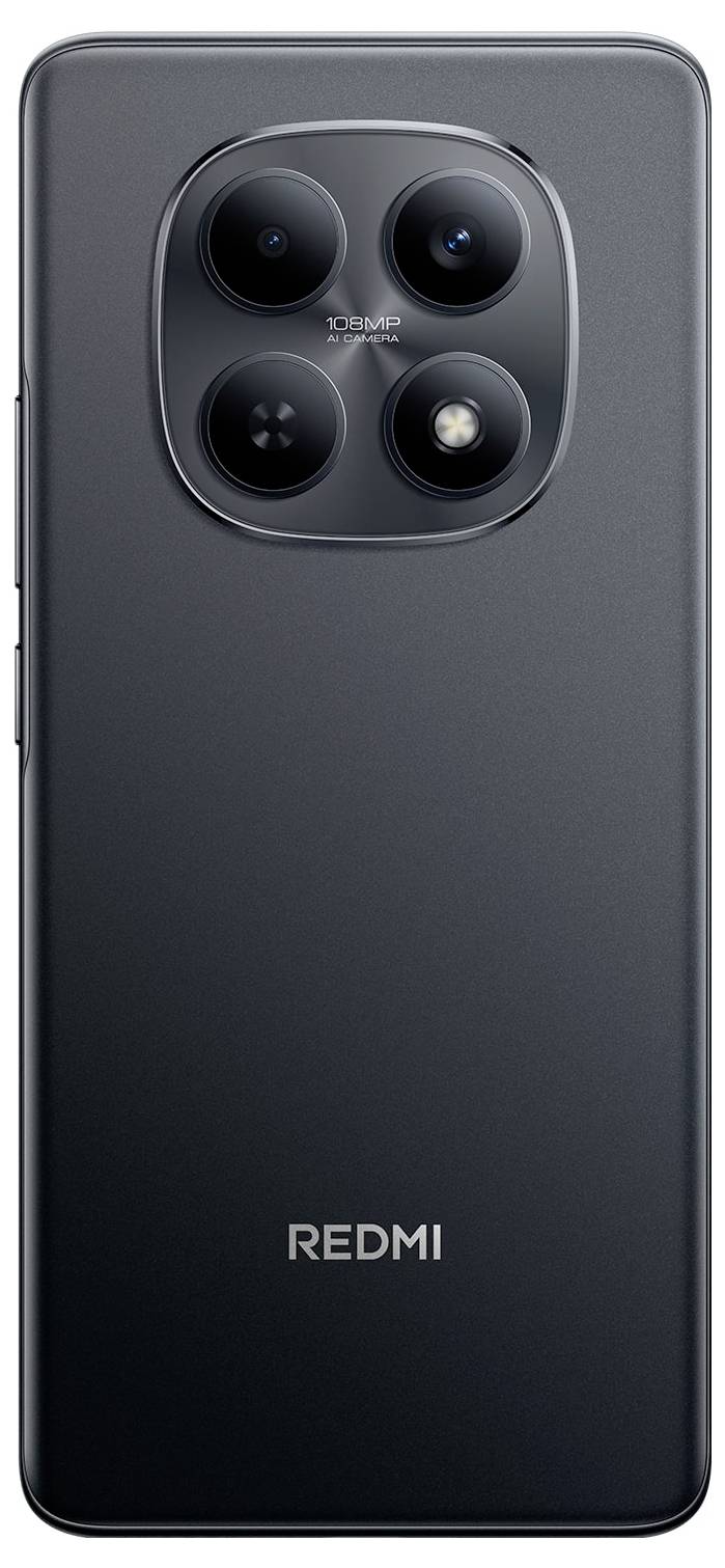 Een slanke, zwarte Redmi-smartphone achteraanzicht, met een quad-camerasysteem in het midden bovenaan.