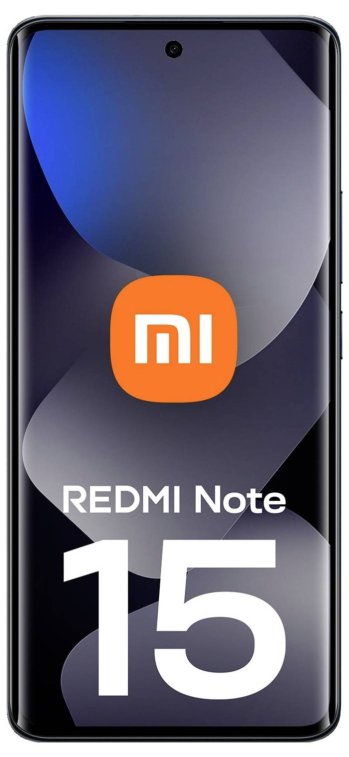 Smartphone met 'REDMI Note 15' weergegeven met een wazig abstract achtergrond en het Mi-logo gecentreerd bovenaan het scherm.