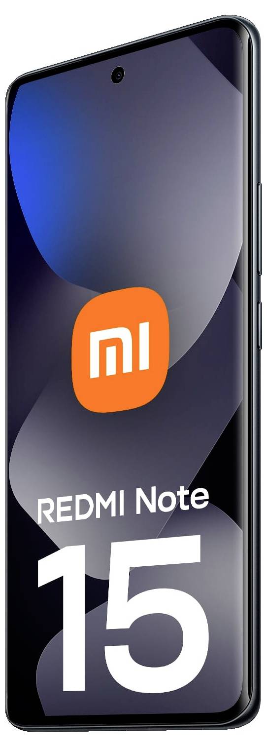 Smartphone met 'REDMI Note 15' op het scherm, met een groot display en minimale bezels, tegen een donkere, verloopachtergrond.
