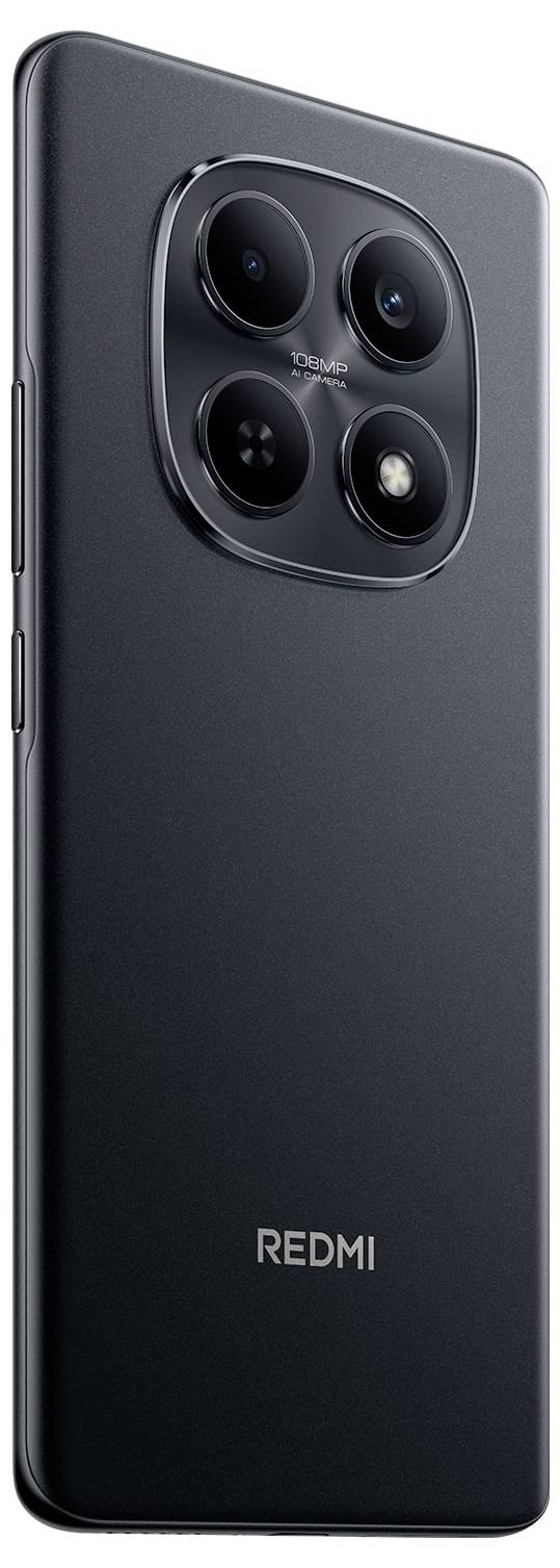 Een stijlvolle smartphone met een quad-camerasysteem aan de achterkant boven het 'Redmi'-logo, met een minimalistische zwart design.