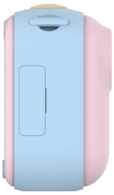 Roze en blauw draagbaar apparaat met knop, ontworpen voor kinderen, met een minimalistische ontwerp zonder zichtbaar scherm of pictogrammen.