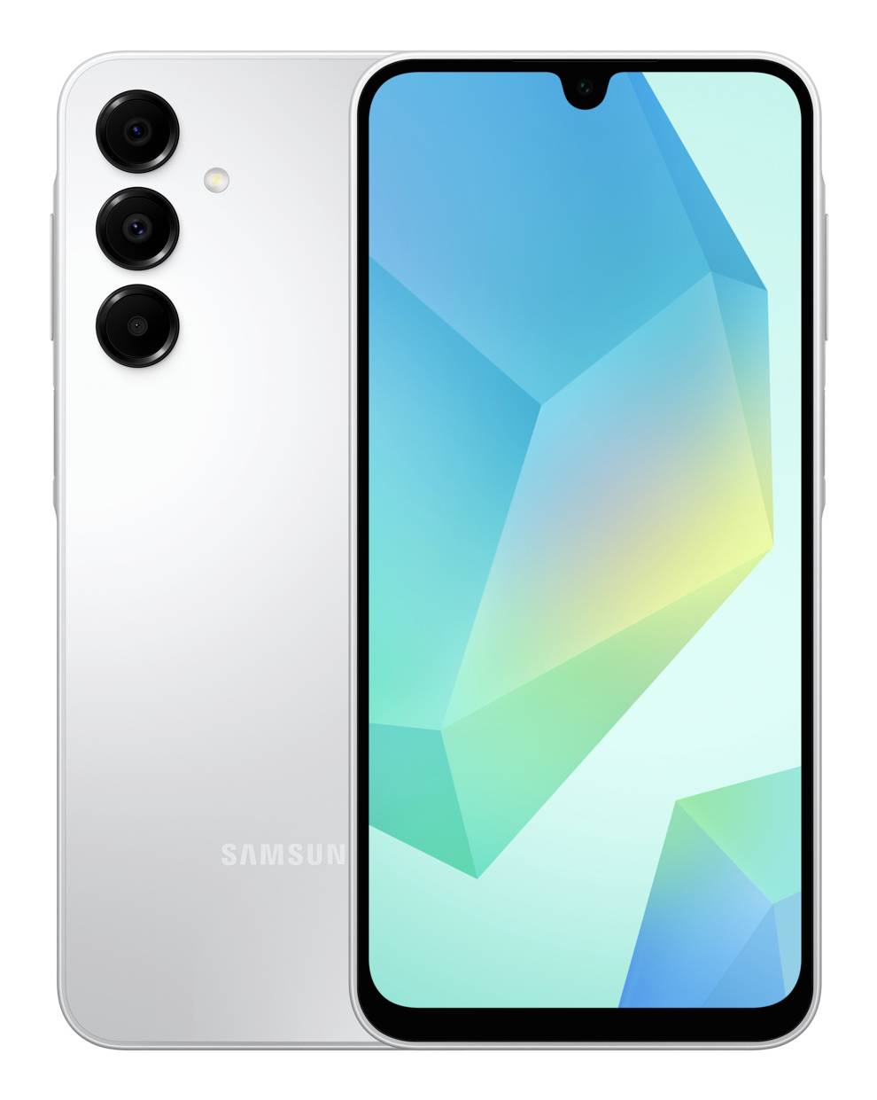 Een slanke witte smartphone met drie achteraamera's en een levendig, abstract scherm dat een mengeling van blauwe en groene geometrische vormen toont.