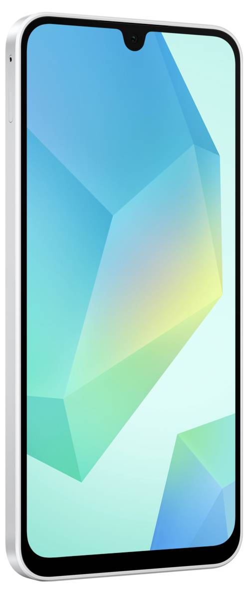 Een smartphone met een geometrisch ontwerp op het scherm en een strakke, zilveren rand.