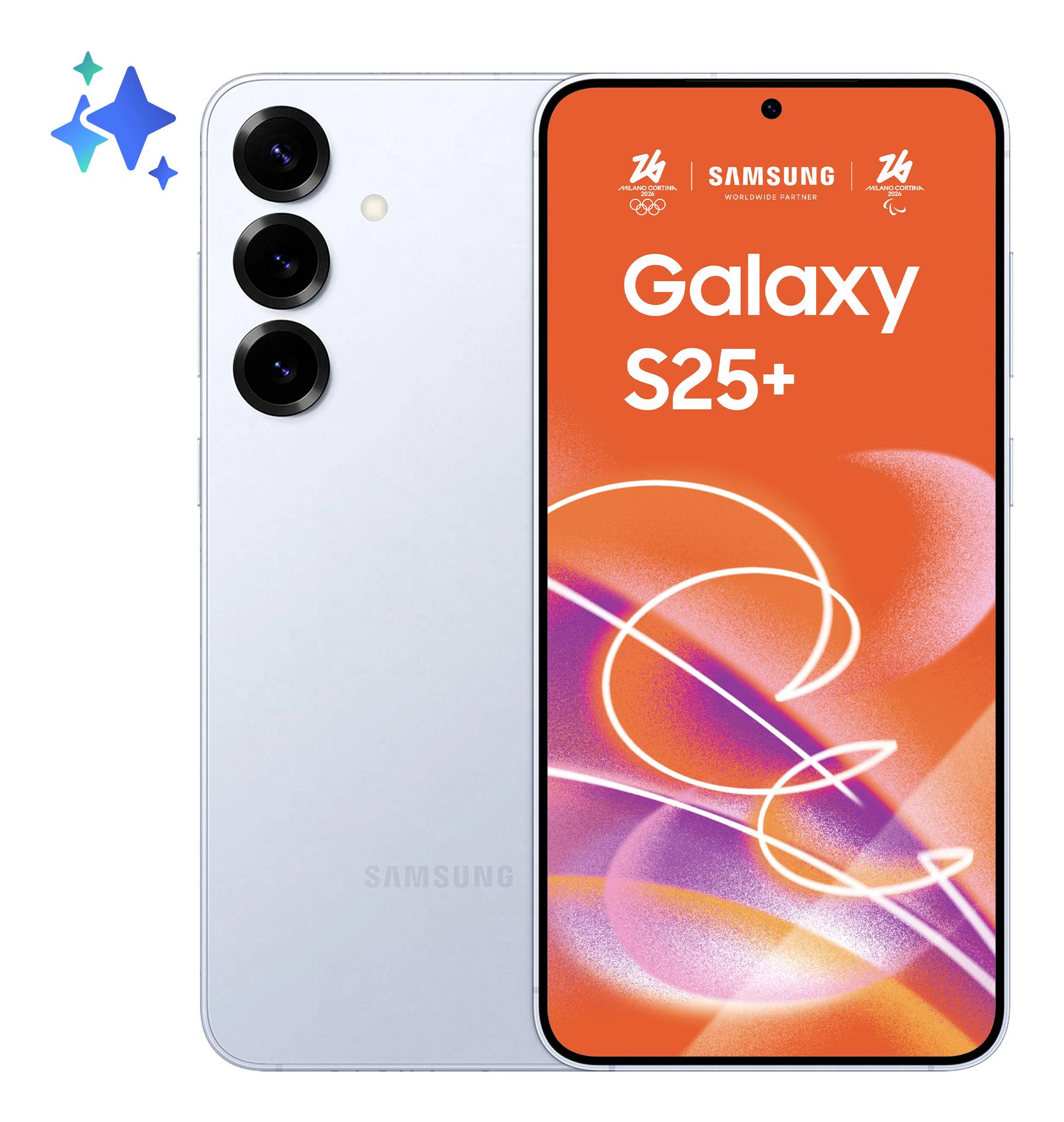 Samsung Galaxy S25+ telefoon met drie achteruitcamera's en een oranje scherm met 'Galaxy S25+' en Samsung-branding.