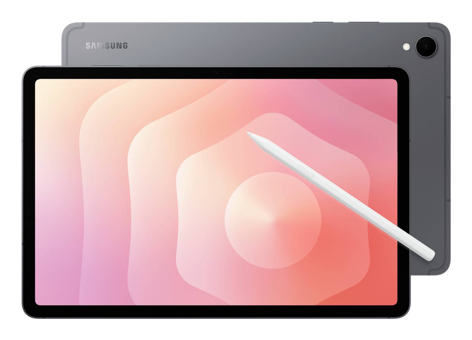 Een tablet met een digitale pen rust op het scherm, met een roze verloopweergave. Het apparaat is grijs en gepositioneerd op een witte achtergrond.