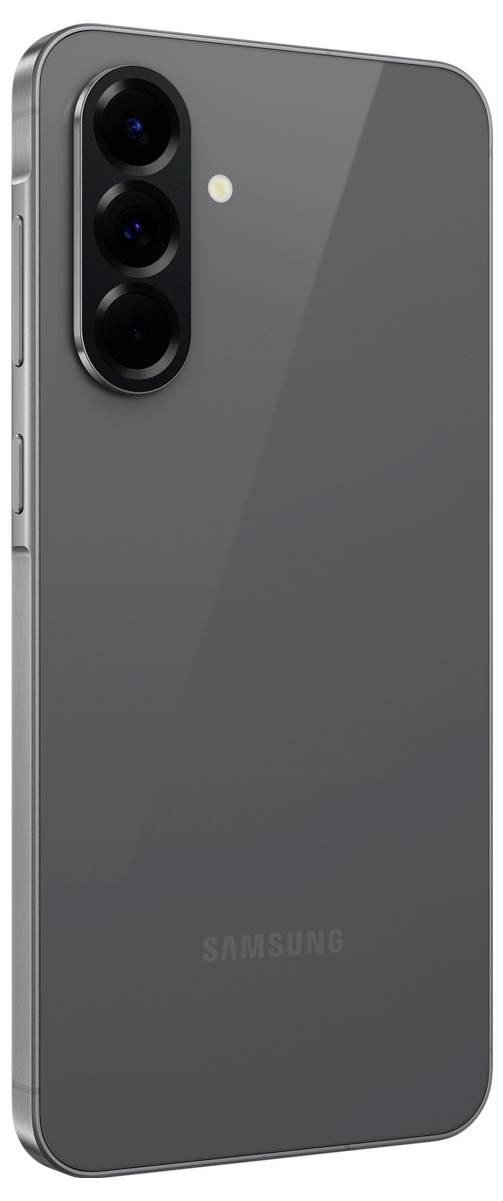 Een elegante zwarte smartphone met drie achteruitcamera's en een flits op de achterkant, die een modern en minimalistisch ontwerp toont.