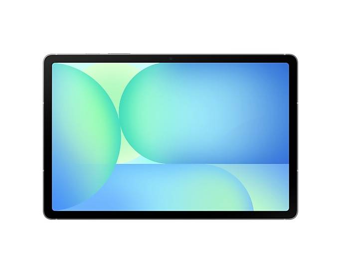 Een tablet met een scherm dat abstracte blauwe en groene vormen weergeeft.