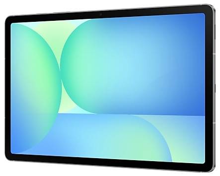 Een tablet met een rechthoekig scherm met een levendig abstract ontwerp in tinten blauw en groen.