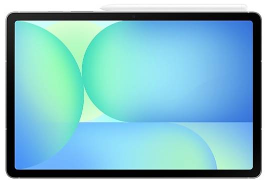 Een tablet met een stylus aan de bovenkant bevestigd, waarop een levendige abstracte ontwerp wordt weergegeven met overlappende blauwe en groene cirkels.