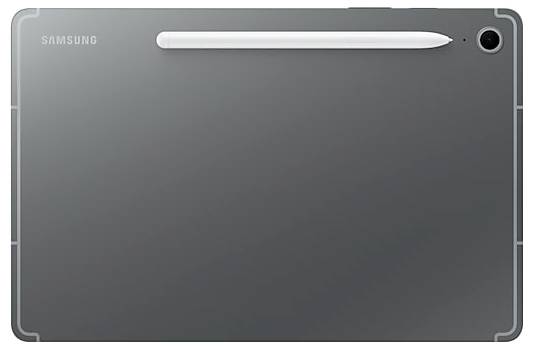Een Samsung-tablet met een slanke zwart design met een stylus die magnetisch aan de achterkant nabij de bovenrand is bevestigd.