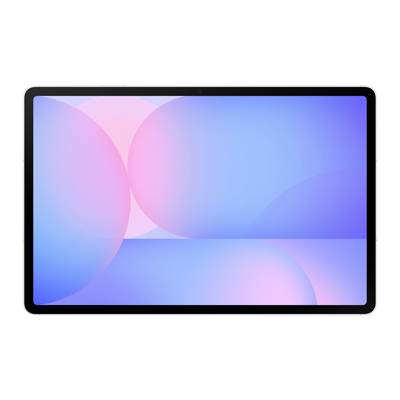 Een tablet toont een abstract digitaal kunstwerk met overlappende pastelroze en blauwe cirkels tegen een zachte blauwe verloopachtergrond.