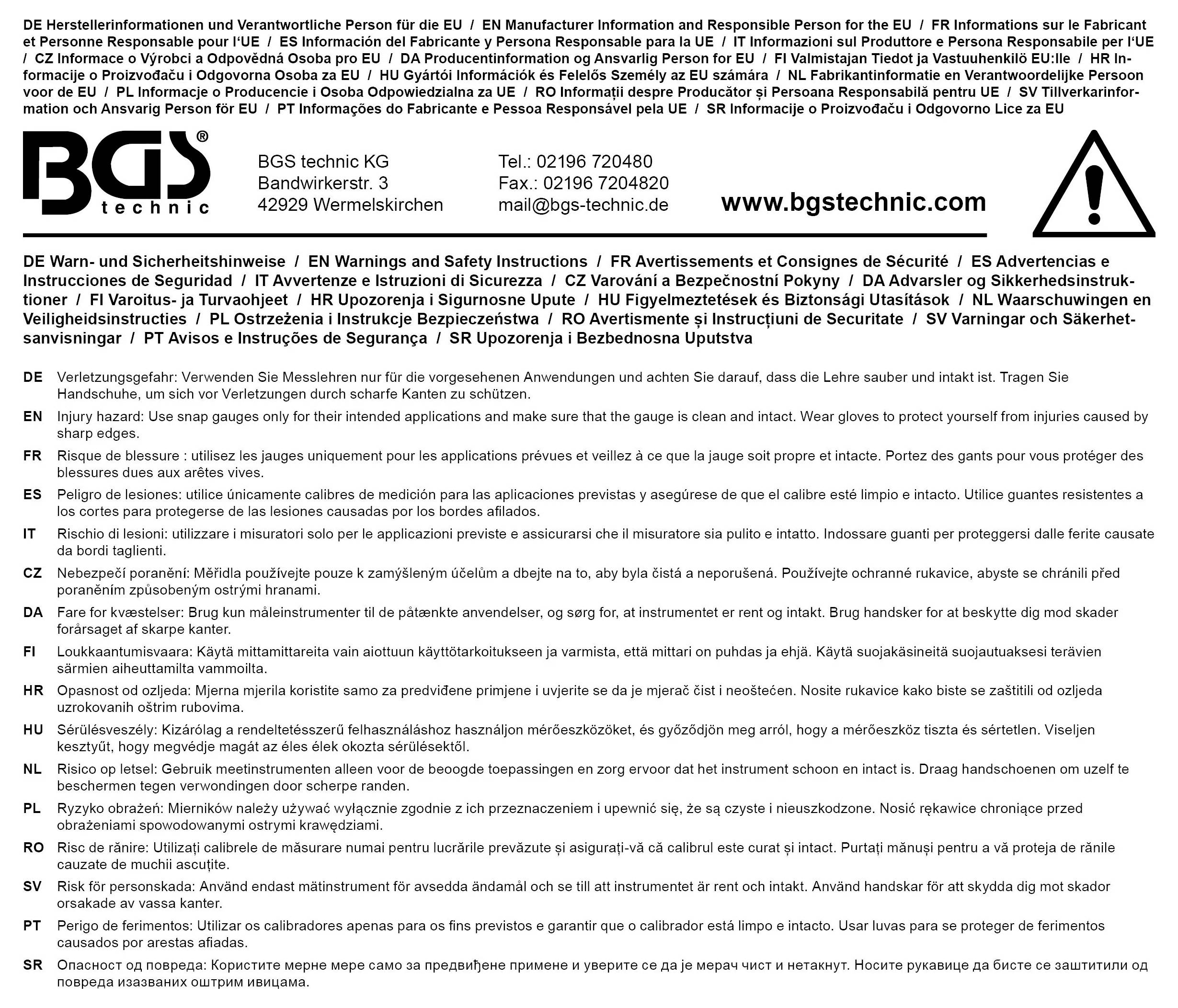 Instructies voor gebruik en veiligheidswaarschuwingen in meerdere talen, waaronder Engels, Duits, Frans en anderen. Details van contactgegevens voor BGS technic KG.