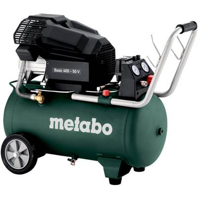Draagbare Metabo-luchtcompressor met tank, wielen, handvat, manometers en 'Basic 400 - 50 V'-etiket.