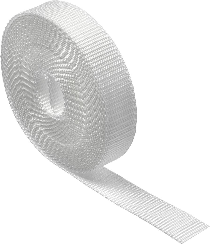 'Een rol witte nylon weefsel, opgerold met één los uiteinde dat naar buiten uitsteekt, gebruikt voor riemen of gordels.'